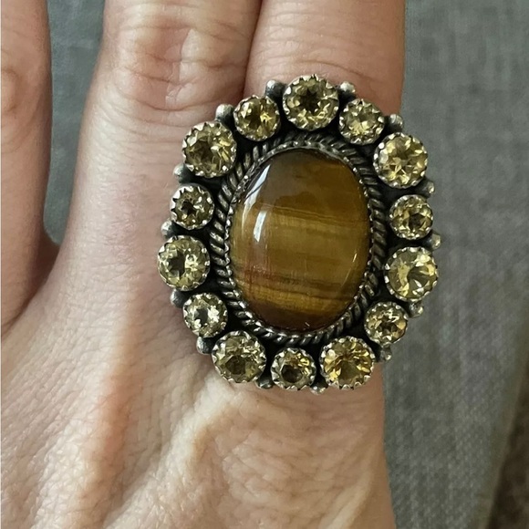 Native American SW Sterling Silver Tigers Eye Champagne Yellow topaz💛Ring .925 - Picture 3 of 7